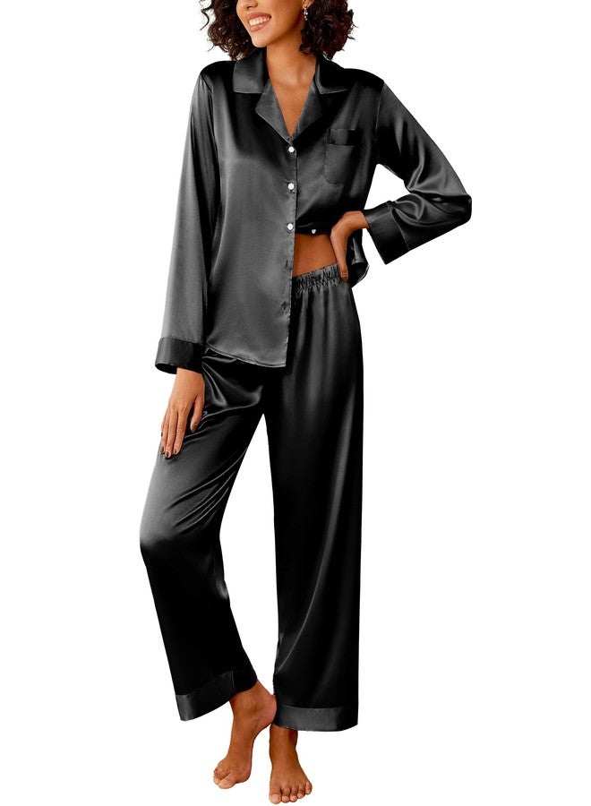 Ekouaer Womens Silk Satin Pajama Sets 2 Piece Sleepwear Pjs Set Long Sleeve Button Down Top and Pants Stripe Loungewear,L Black - Image 1